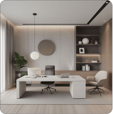 Comfortable office with plants, wooden desk, and two black chairs